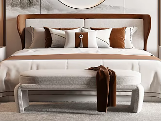 New Chinese Double Bedside Cabinet Bedding Bed End Stool Bedside Lamp Bedside Background Wall 3d model