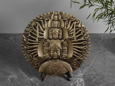 Carved Buddha Ornament Decoration Set with Multiple Hands and Faces on Stand 3d model