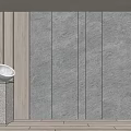 Textured Stone Background Wall With Wooden Panel And Decorative Bowl Pedestal