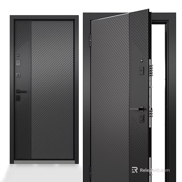 Modern Black Security Door With Textured Steel Design And Advanced Lock System 3d model 