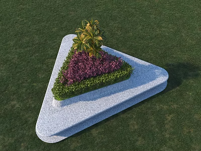 Road Facility With Triangular White Stone Base Green Lawn Purple Flowers And Palm Tree 3d model