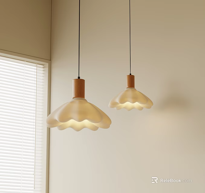Modern White Flower Shaped Pendant Lights With Wooden Base In Minimalist Interior Space 3d model 