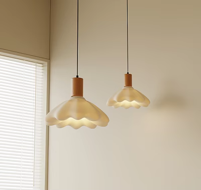 Modern White Flower Shaped Pendant Lights With Wooden Base In Minimalist Interior Space 3d model