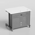 Modern Office Desk with White Top Gray Frame Drawer Open Shelf and Wheels