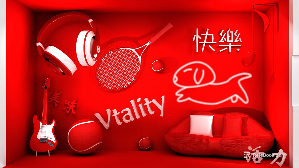Vibrant Red Vitality Photo Spot With Headphones Tennis Racket Guitar And Cartoon Dog Sofa 3d model 