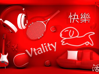 Vibrant Red Vitality Photo Spot With Headphones Tennis Racket Guitar And Cartoon Dog Sofa 3d model