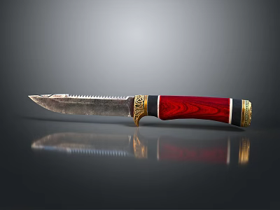Decorative Serrated Knife With Red Wooden Handle And Golden Accents On Black Surface 3d model