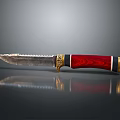 Decorative Serrated Knife With Red Wooden Handle And Golden Accents On Black Surface