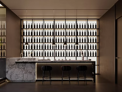 Wine Specialty Store Interior Featuring Shelves With Wine Bottles And Marble Bar Counter With Stools 3d model
