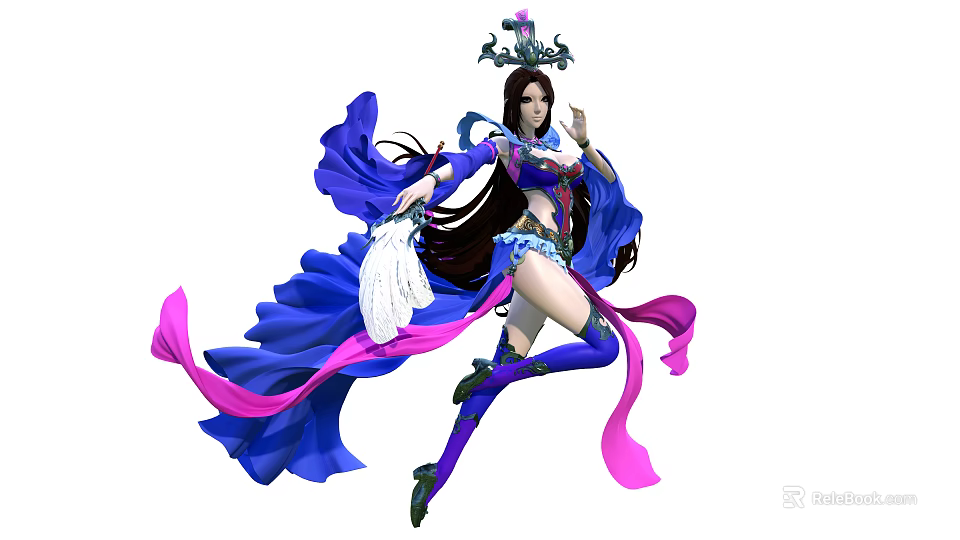 Game Movie Character With Gorgeous Flowing Blue And Pink Robe Ornate Headdress In Elegant Pose 3d model 