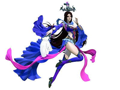 Game Movie Character With Gorgeous Flowing Blue And Pink Robe Ornate Headdress In Elegant Pose 3d model
