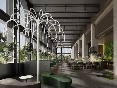 Elegant Modern Restaurant Interior With Open Layout Green Plants Unique Chandeliers And Glass Walls 3d model
