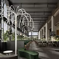 Elegant Modern Restaurant Interior With Open Layout Green Plants Unique Chandeliers And Glass Walls