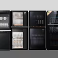 Stylish Black Kitchen Appliances with Glass Doors and Interior Dishes and Cups