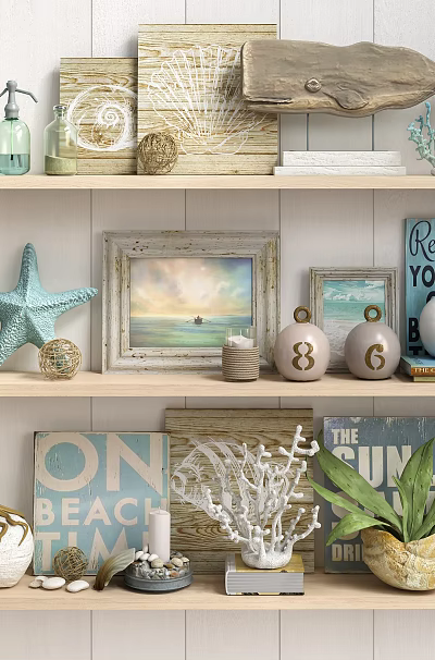 Beach Style Decorative Ornament Collection with Starfish Shells Painting and Shelf Art Pieces 3d model