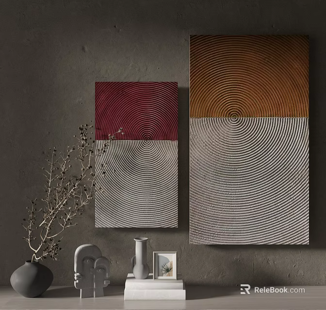 Gray Wall With Two Spiral Pattern Artworks And Dried Branch Decorations 3d model