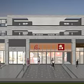 Modern Commercial Street With Multi Story Building Storefronts And Pedestrians Walking