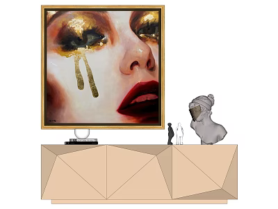 Portrait Painting of Female Face With Golden Eyes Gold Tears Red Lips and Gold Frame 3d model