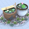 Charming Garden Ornament Featuring Two Barrels With Water Lotus Leaves Flowers Pebbles And Green Plants
