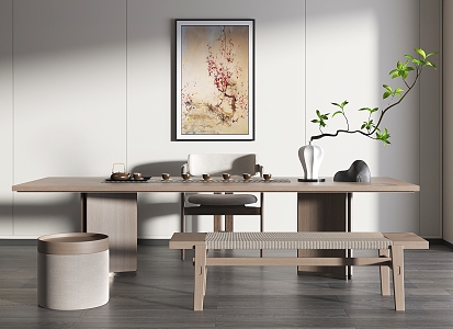 New Chinese Style Tea Table and Chair Casual Table and Chair Wooden Tea Table and Chair Hanging Painting Plant Decoration Vase Ornaments 3d model