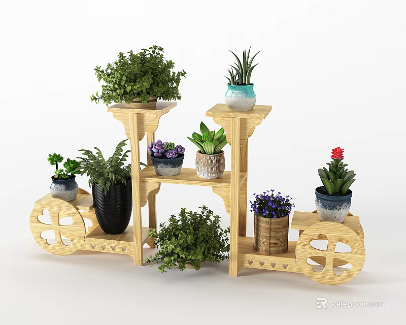 Wooden Multi Layer Plant Stand With Wheels Holding Various Green Potted Plants 3d model 