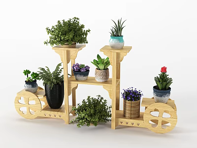 Wooden Multi Layer Plant Stand With Wheels Holding Various Green Potted Plants 3d model