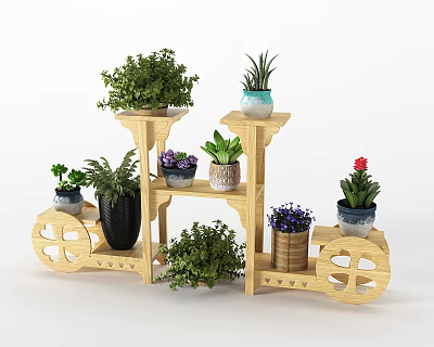 Wooden Multi Layer Plant Stand With Wheels Holding Various Green Potted Plants 3d model