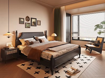 Classic Bedroom Interior With Dark Wooden Bed Nightstands Table Lamps Decorative Paintings And Green Curtains 3d model