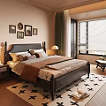 Classic Bedroom Interior With Dark Wooden Bed Nightstands Table Lamps Decorative Paintings And Green Curtains