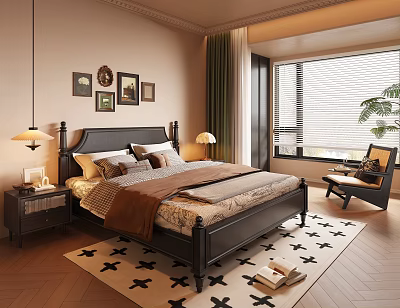 Classic Bedroom Interior With Dark Wooden Bed Nightstands Table Lamps Decorative Paintings And Green Curtains 3d model