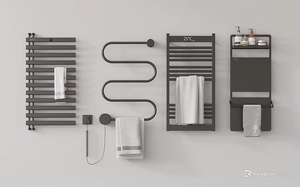 Modern Black Bathroom Accessories Including Wall Mounted Towel Rails Shelves And Towels 3d model 