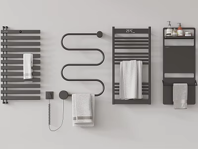 Modern Black Bathroom Accessories Including Wall Mounted Towel Rails Shelves And Towels 3d model