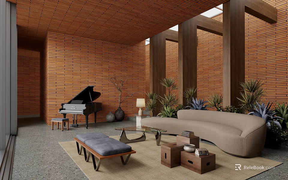 Hotel Public Lounge Area With Wooden Walls Ceiling Black Piano Beige Sofa And Green Plants 3d model 