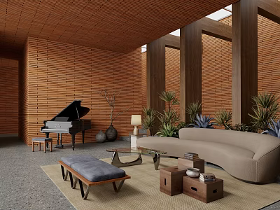 Hotel Public Lounge Area With Wooden Walls Ceiling Black Piano Beige Sofa And Green Plants 3d model