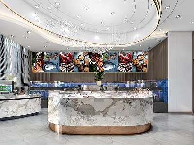 Elegant Mall Store Interior Featuring Marble Counter Food Posters And Chandelier 3d model