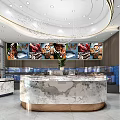 Elegant Mall Store Interior Featuring Marble Counter Food Posters And Chandelier