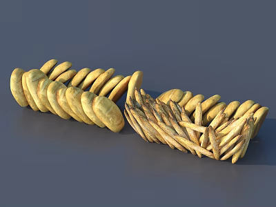 Golden Crispy Fried Potato Rings and Fries Stacked as Delicious Snack 3d model