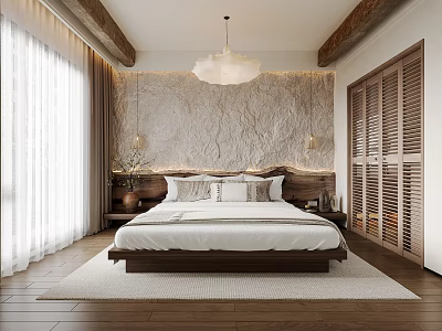 Modern Bedroom Interior Design With Textured Wall Wooden Beams White Bedding And Pendant Light 3d model