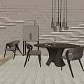 Modern Round Dining Table With Gray Chairs And Geometric Wall Pendant Lights 3d model