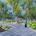 Outdoor Leisure Path with Trees Grass People Sitting on Benches Pedestrians and Strollers