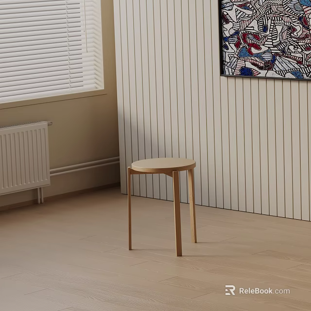 Minimalist Wooden Bedside Table in Room with Striped Wall Window Blinds and Decorative Painting 3d model 