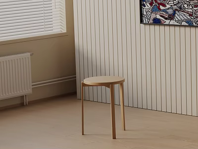 Minimalist Wooden Bedside Table in Room with Striped Wall Window Blinds and Decorative Painting 3d model