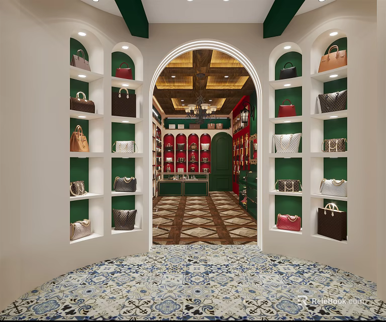 Luxury Bag Boutique Interior Featuring Green White Shelves Colorful Bags Arched Design And Patterned Floor 3d model 