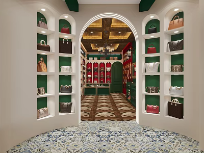 Luxury Bag Boutique Interior Featuring Green White Shelves Colorful Bags Arched Design And Patterned Floor 3d model