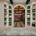 Luxury Bag Boutique Interior Featuring Green White Shelves Colorful Bags Arched Design And Patterned Floor