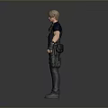 Man In Blue T-shirt With Backpack Tactical Belt Black Pants Wrist Guards On Gray Background