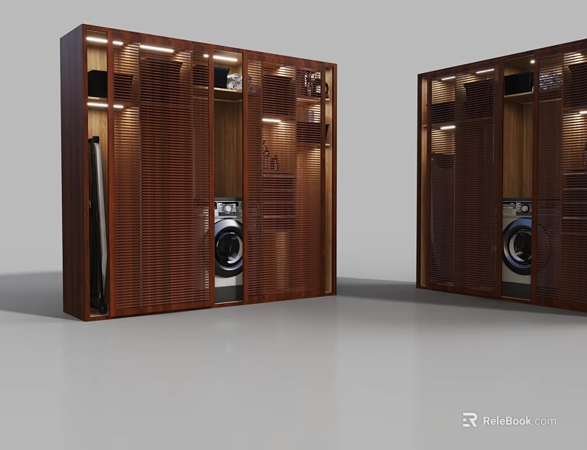 Modern Wooden Wardrobe Interior Design With Louvered Doors Built-in Washing Machine And Lighting 3d model 