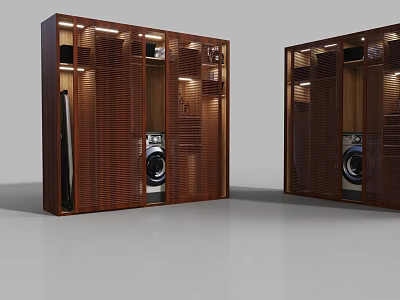 Modern Wooden Wardrobe Interior Design With Louvered Doors Built-in Washing Machine And Lighting 3d model