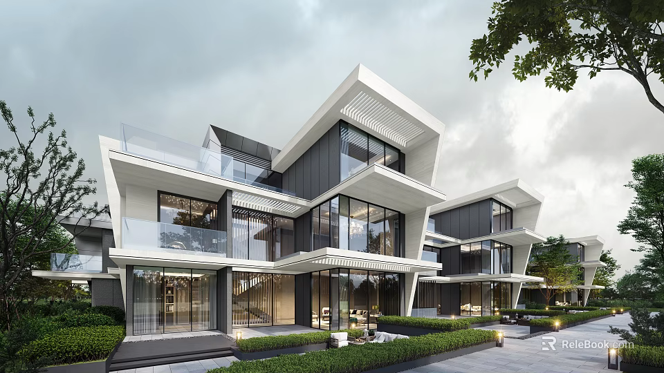 Modern Townhouse Exterior Design With Large Glass Windows Balconies And Greenery 3d model 