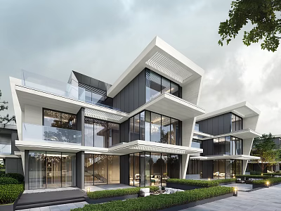Modern Townhouse Exterior Design With Large Glass Windows Balconies And Greenery 3d model